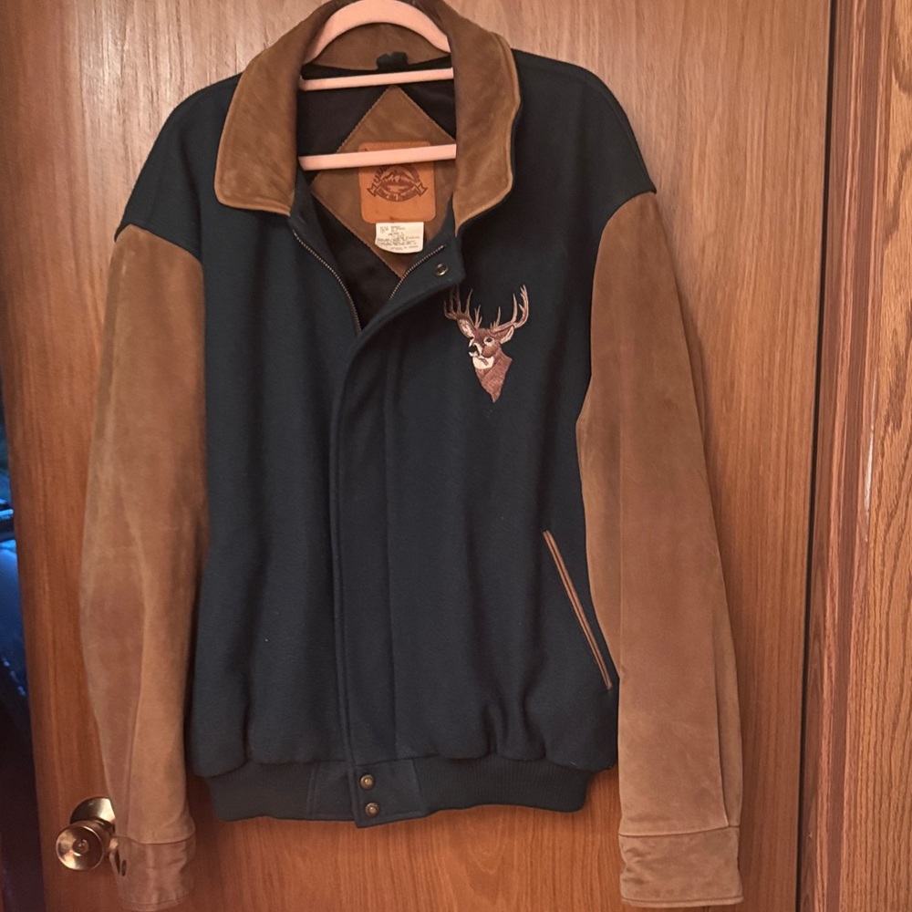 Men's Canadian Outdoors Black and Tan Bomber Jacket with Deer Design